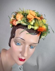 Vintage 60s Green Flowered Toque Hat, Whimsey