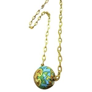 Antique Italian Hand-Painted Venetian Bead Pendant Necklace, 24 GF Chain, 19”