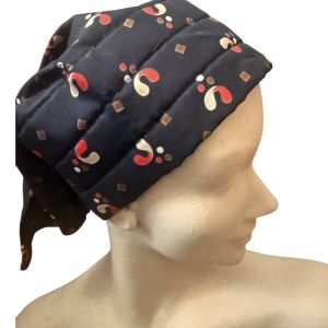 1960’s Vintage Mod Blue Print Headscarf with Quilted Front, Self Tied - Fashionconservatory.com