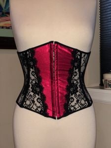 1990s Shirley Red Satin & Black Lace Underbust Corset - Small