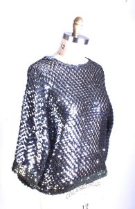 Vintage Dorothy Bullitt  Solid Black Silver Sequin Sweater Top Open Knit M 1980s - Fashionconservatory.com