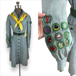 1940s Girl Scout uniform with scarf belt and membership card