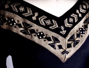 Vintage Tricosa France Amazing V Neck Beaded Sweater Black Gold FIne Wool M - Fashionconservatory.com