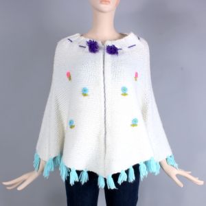 OS Vintage 50s White Hand Crochet Cottagecore Embroidered Poncho Sweater 60s
