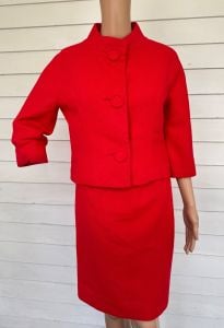60s Red Wool Suit Skirt Set Midcentury XS