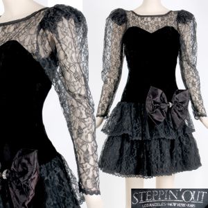 5 S Vintage 1980s Steppin' Out Black Velvet Lace Party Mini Dress Prom 80s