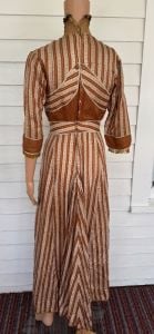 Edwardian Antique Striped Floral High Neck Gown Dress XS Brown - Fashionconservatory.com