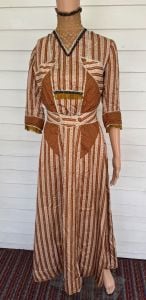 Edwardian Antique Striped Floral High Neck Gown Dress XS Brown