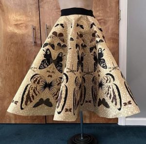 1950s circle skirt by Jonathan Logan butterfly print pellam fabric brown yellow black gold metallic 