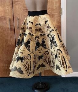 1950s circle skirt by Jonathan Logan butterfly print pellam fabric brown yellow black gold metallic  - Fashionconservatory.com