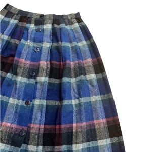 1980’s Blue Plaid Wool Button Front Semil Full A Line Skirt, Medium 28” Waist - Fashionconservatory.com