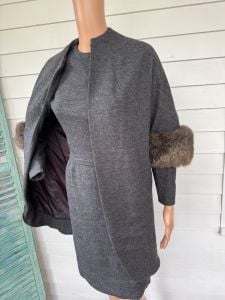 50s Gray Wool Dress and Jacket Fur Cuff XS 