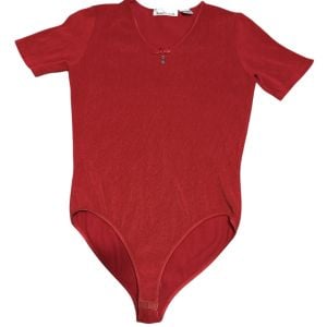 Vintage Anne Klein Red Ribbed Bodysuit Leotard Top with Short Sleeves - Fashionconservatory.com