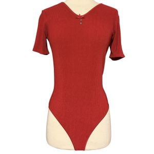 Vintage Anne Klein Red Ribbed Bodysuit Leotard Top with Short Sleeves
