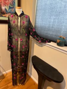 Vintage Silk Chiffon Sheer Evening Robe Embroidered with Sequin Flowers