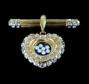 Vintage NOLAN MILLER 1980's gold tone bar brooch or pendant with floating rhinestones heart 