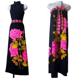 60s/70s Mr. Dino Pink Graphic Floral Print Maxi Skirt w/Sash