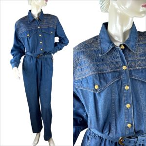 1980s blue denim jumpsuit with gold embroidery by D. Frank 