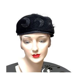 1960s black velour tam beret with beaded crecent moons Size 22