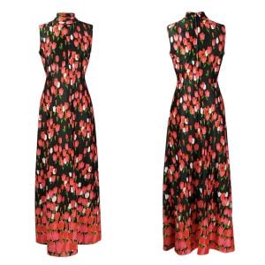 Vintage Early 1970's Emilio Borghese Maxi Sleeveless Hostess Dress Tulips Garden Party