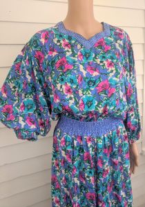 80s Silk Floral Dress Polka Dot Print M Purple Blue Periwinkle