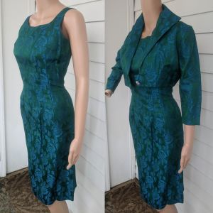 50s Green Floral Dress Blue Roses Sleeveless with Bolero Jacket S