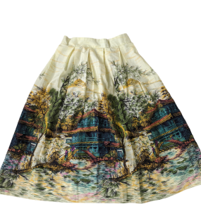 Vintage 50s Yellow Japan Scenic Print Skirt S