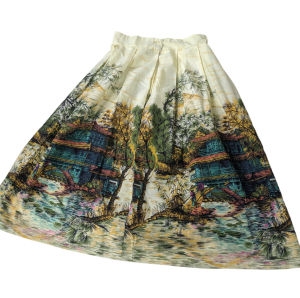 Vintage 50s Yellow Japan Scenic Print Skirt S - Fashionconservatory.com