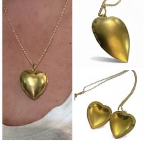 Vintage Puffy Brass Heart Locket Necklace, Functional, 22” Long  - Fashionconservatory.com