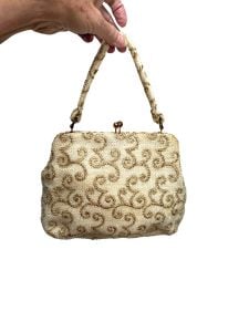 1950s/60s beaded evening bag with gold metallic embroidered scroll design