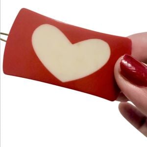 1960’s Colorblock Heart French Bar Barrette in Red & White, 2.5” Long, Deadstock - Fashionconservatory.com