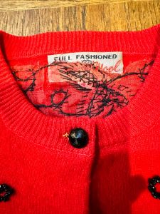 1950s Unique Red & Black 3-D Beaded Grapevine Sweater Girl Cardigan  - Fashionconservatory.com