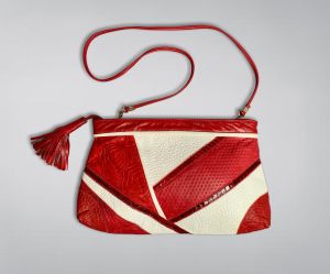 Vintage 80s Leather Patchwork Crossbody Convertible Purse Clutch Red & White Embossed w/ Tassel
