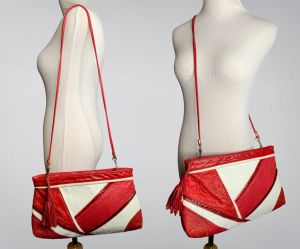 Vintage 80s Leather Patchwork Crossbody Convertible Purse Clutch Red & White Embossed w/ Tassel - Fashionconservatory.com
