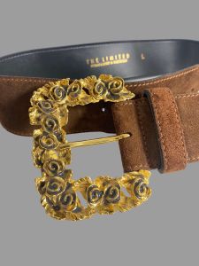 1980s Mocha Brown Suede Belt with Floral Sculpted Buckle