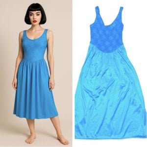 Vintage Midi Length Full Slip Dressw Sheer Lace Bodice & Opaque Skirt in Blue, L - Fashionconservatory.com