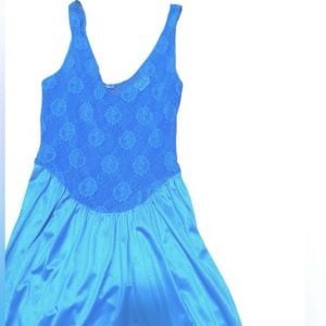 Vintage Midi Length Full Slip Dressw Sheer Lace Bodice & Opaque Skirt in Blue, L