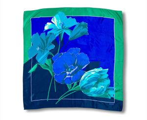 Bill Blass Vintage 80s Silk Scarf | 31'' Square | Blue & Green Floral Print Perfect LIke-new Condi