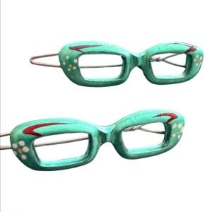 Vintage Cateye Glasses Barrettes Hair Clips, Hand Painted Green, Deadstock, 2”