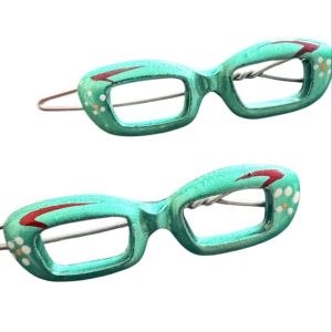 Vintage Cateye Glasses Barrettes Hair Clips, Hand Painted Green, Deadstock, 2” - Fashionconservatory.com