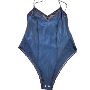 Y2K Ritratti Italy Luxury Silk Navy Teddy with Lace Trim, Italian Lingerie, S