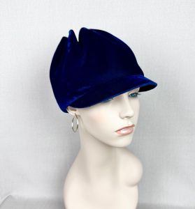 Vintage 60s Navy Blue Velvet Gathered Cap, Hat