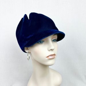 Vintage 60s Navy Blue Velvet Gathered Cap, Hat - Fashionconservatory.com