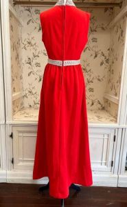 70’s Red Poly Maxi Dress w/Silver Trim - Fashionconservatory.com