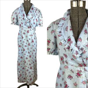 1930s floral cotton robe or dress with ruffled collar