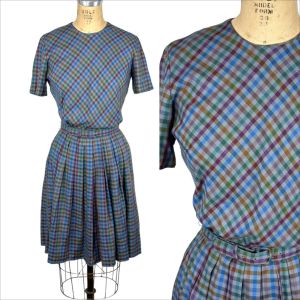 1960s day dress blue checked pleated dress by Nelly Don