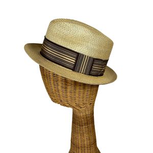 1950s straw fedora hat with striped silk band long oval Size 7 1/8 