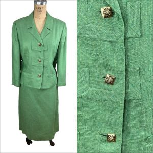 1960s green linen suit by Davidow Size XL Plus Size