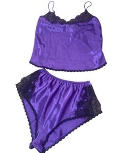 1980’s Christian Dior Camisole & Tap Pants Lingerie Set, Purple w/Black Lace, S