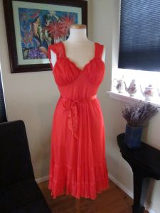 1950s Red Nylon Negligee Night Gown w/ Accordion Pleating by Micheline - sz 36